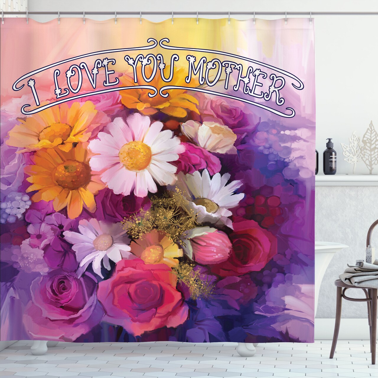 Ambesonne Mothers Day Shower Curtain, Watercolor Drawing with Blossoming Roses Daisies and I Love You Mother Words, Cloth Fabric Bathroom Decor Set with Hooks, 69" W x 70" L, Purple Amber